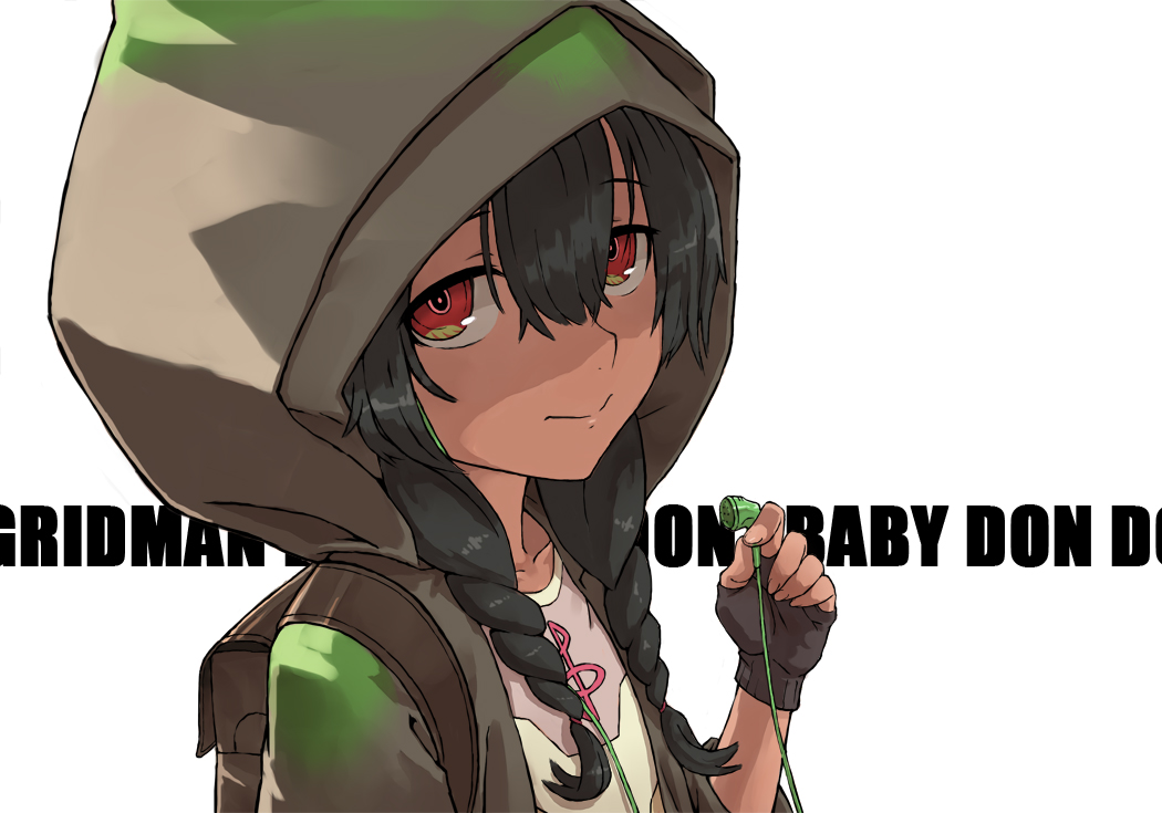 1girl anosillus_ii bangs black_hair braid copyright_name dark_skin earphones fingerless_gloves gloves hair_between_eyes haraya_manawari holding_earphone hood hood_up hooded_jacket jacket long_hair looking_at_viewer red_eyes smile solo ssss.gridman twin_braids upper_body white_background