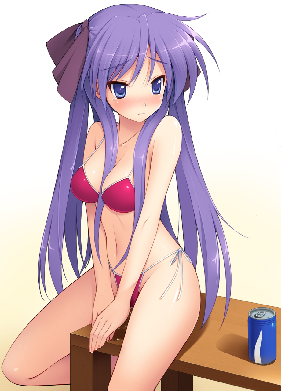 between_breasts bikini blue_eyes blush breasts can cleavage closed_mouth cygnus_(cygnus7) drink embarrassed face hair_ribbon hands highres hiiragi_kagami long_hair lucky_star md5_mismatch medium_breasts navel pee pocari_sweat purple_hair ribbon side-tie_bikini soda_can solo swimsuit table tears tsurime twintails