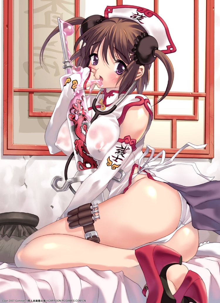 ammunition_belt brown_hair chinese_clothes large_breasts medic panties stethoscope vaccine