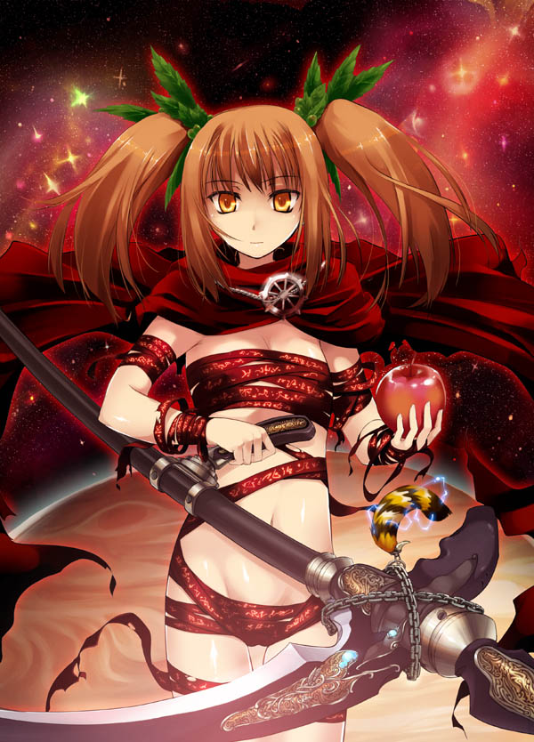 apple brown_eyes brown_hair cape commentary_request food fruit holding holding_food holding_fruit naked_ribbon nude ouma_tokiichi ribbon scythe shin_megami_tensei_iv short_twintails solo twintails