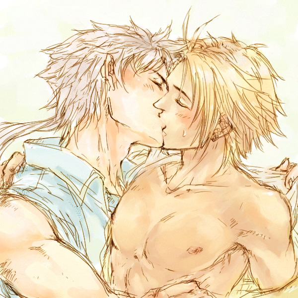 2boys blonde_hair blush dissidia_final_fantasy earrings eyes_closed final_fantasy final_fantasy_ii final_fantasy_x frioniel jewelry kiss long_hair male male_focus multiple_boys muscle nipples open_clothes open_shirt shirt silver_hair square_enix sweatdrop tidus topless undressing white_background yaoi yellow_shirt