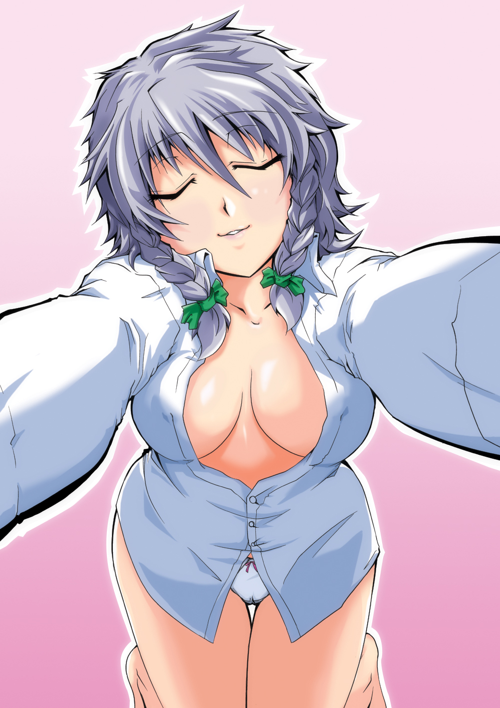 barefoot braid breasts cameltoe cleavage closed_eyes facing_viewer highres incoming_kiss izayoi_sakuya kurohanagi large_breasts no_bra no_pants open_clothes open_shirt outstretched_arms panties reaching shirt short_hair silver_hair solo thigh_gap touhou twin_braids unbuttoned underwear white_shirt