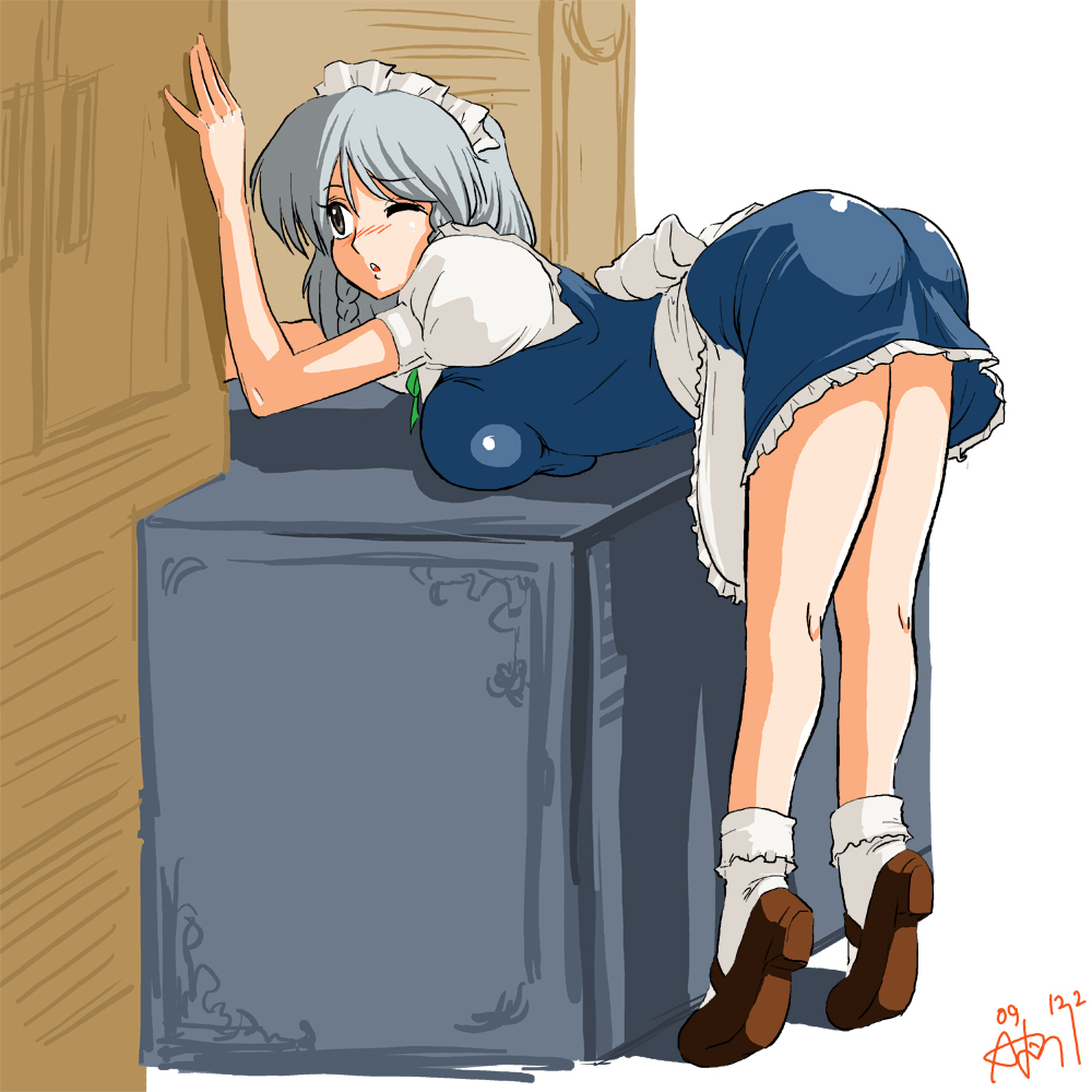 ;o apron ass bangs bent_over black_eyes blue_skirt bow bowtie braid breast_press breast_rest breasts frills from_behind full_body indoors izayoi_sakuya kitchen large_breasts legs maid maid_headdress mary_janes one_eye_closed puffy_sleeves reaching shoes short_hair silver_hair simple_background skirt socks solo standing tiptoes touhou twin_braids waist_apron white_background white_legwear yuro