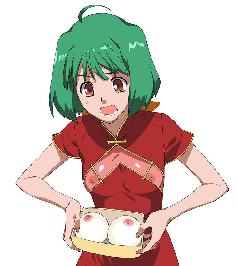 a1 ahoge breasts brown_eyes green_hair macross macross_frontier medium_breasts no_bra open_mouth ranka_lee see-through sexually_suggestive solo surprised