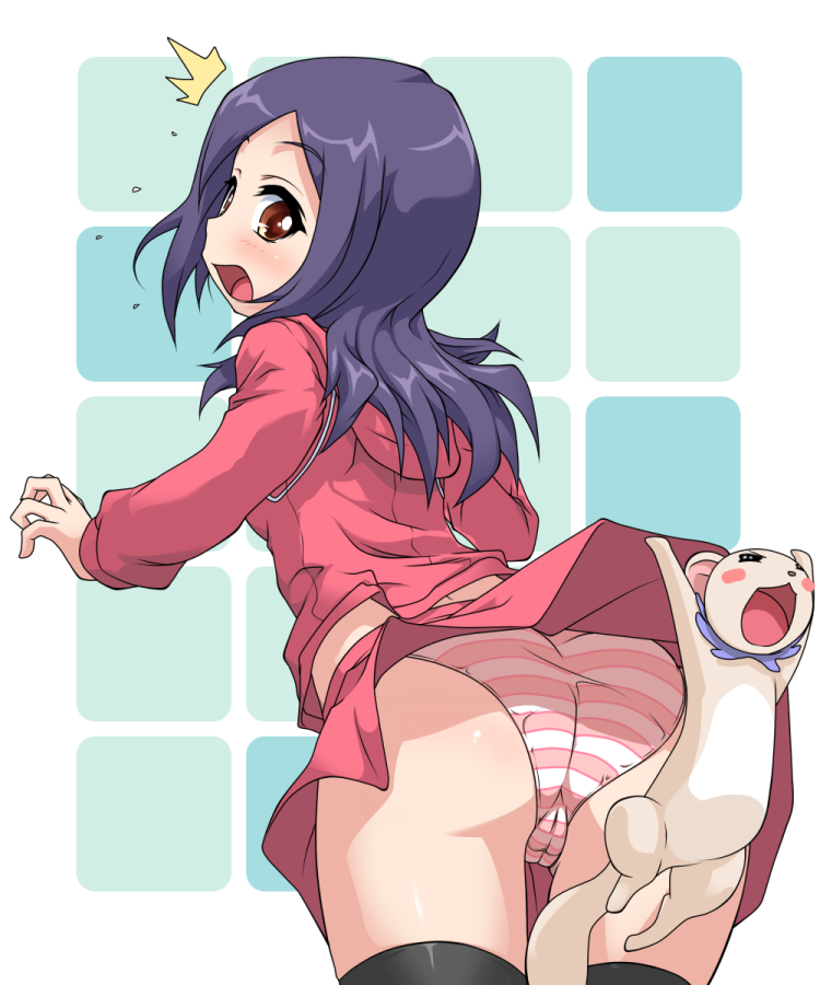 1girl \o/ arms_up ass assisted_exposure black_hair brown_eyes cameltoe fresh_precure! from_behind higashi_setsuna k10k long_hair looking_back outstretched_arms panties pantyshot precure school_uniform skirt skirt_lift striped striped_panties surprised surprised_arms tart_(fresh_precure!) thighhighs trefoil underwear upskirt