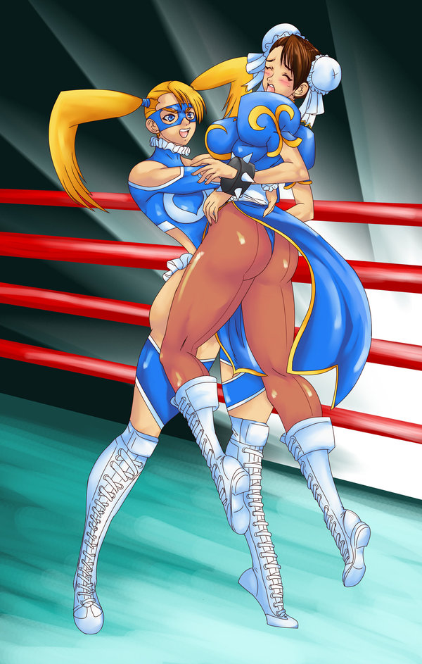 2girls arena ass bearhug blush capcom chun-li multiple_girls rainbow_mika squirm squirming street_fighter street_fighter_zero street_fighter_zero_3 wrestling