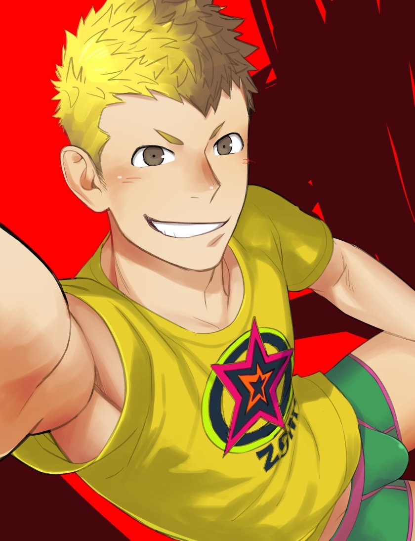 1boy armpit blonde_hair blush bulge camera crotch itto_(mentaiko) male_focus megami_tensei muscle persona persona_5 presenting self_shot sitting smile solo teeth underwear undressing