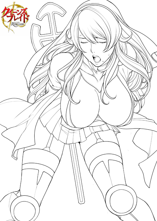 armor arms_behind_back bangs bent_over breasts cleavage cleavage_cutout closed_eyes copyright_name cross downblouse facing_viewer feet_out_of_frame garter_straps greaves habit hair_between_eyes large_breasts legs_apart lineart logo long_hair long_sleeves miniskirt mole mole_under_mouth monochrome no_bra nun oda_non official_art open_mouth pleated_skirt queen's_blade queen's_blade_rebellion sigui_(queen's_blade) simple_background skirt solo staff sweat teeth thighhighs turtleneck weapon wide_sleeves zettai_ryouiki