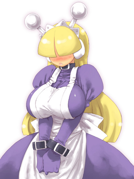 android apron blond blonde_hair blush breasts fuyube_rion gloves hair_over_eyes huge_breasts maid tesse waku_waku_7