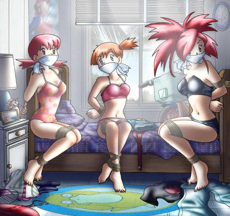 akane_(pokemon) asuna_(pokemon) barefoot bdsm bed bikini bondage bound bra gag gagged gen_1_pokemon gen_2_pokemon goldeen kasumi_(pokemon) lingerie multiple_girls one-piece_swimsuit orange_hair panties pink_hair pokemon pokemon_(creature) polka_dot polka_dot_swimsuit psyduck red_hair side_ponytail swimsuit tied_up togepi underwear