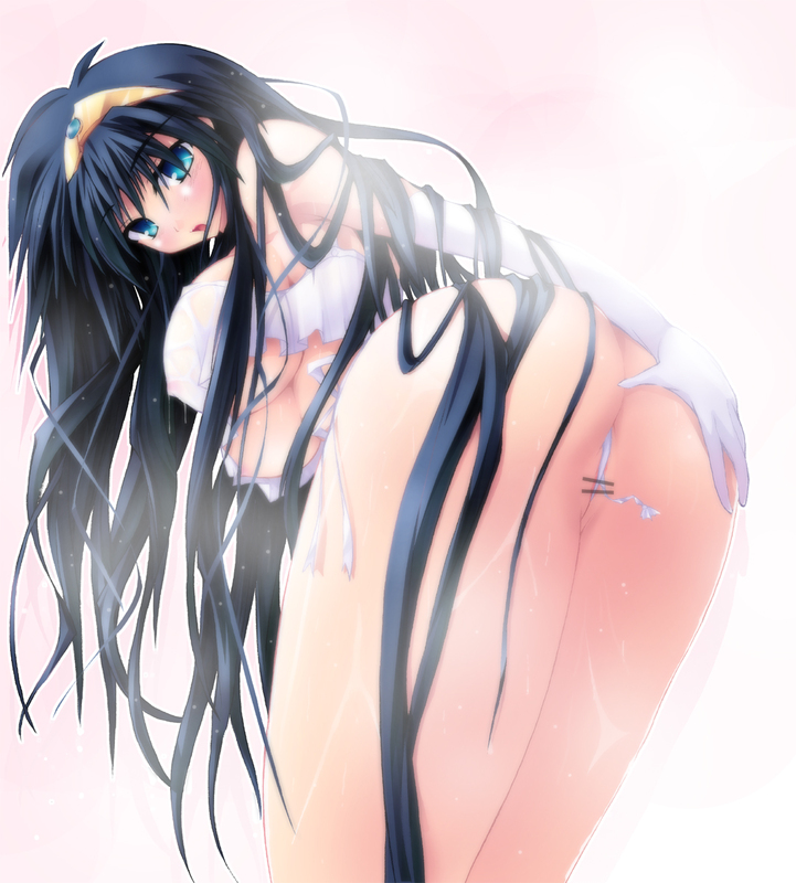 ass bad_id bad_pixiv_id bent_over black_hair breasts elbow_gloves gloves green_eyes irene_la_tias large_breasts long_hair scatter_milk solo tampon_string underboob xexex