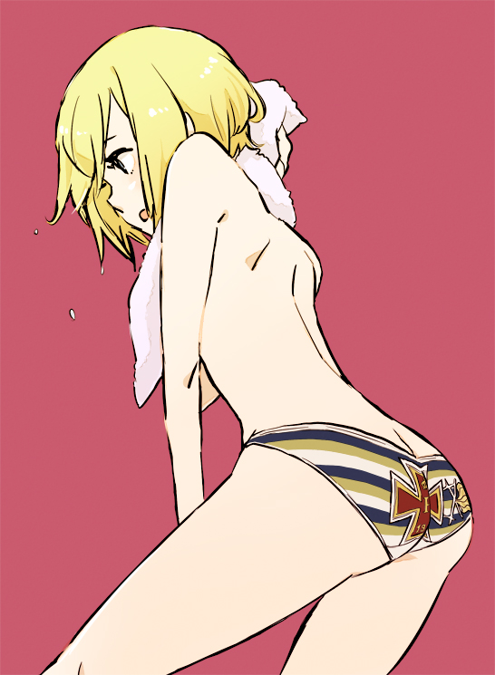 ass back blonde_hair blue_eyes butt_crack erica_hartmann open_mouth panties peg short_hair solo strike_witches striped striped_panties topless towel underwear underwear_only wet world_witches_series