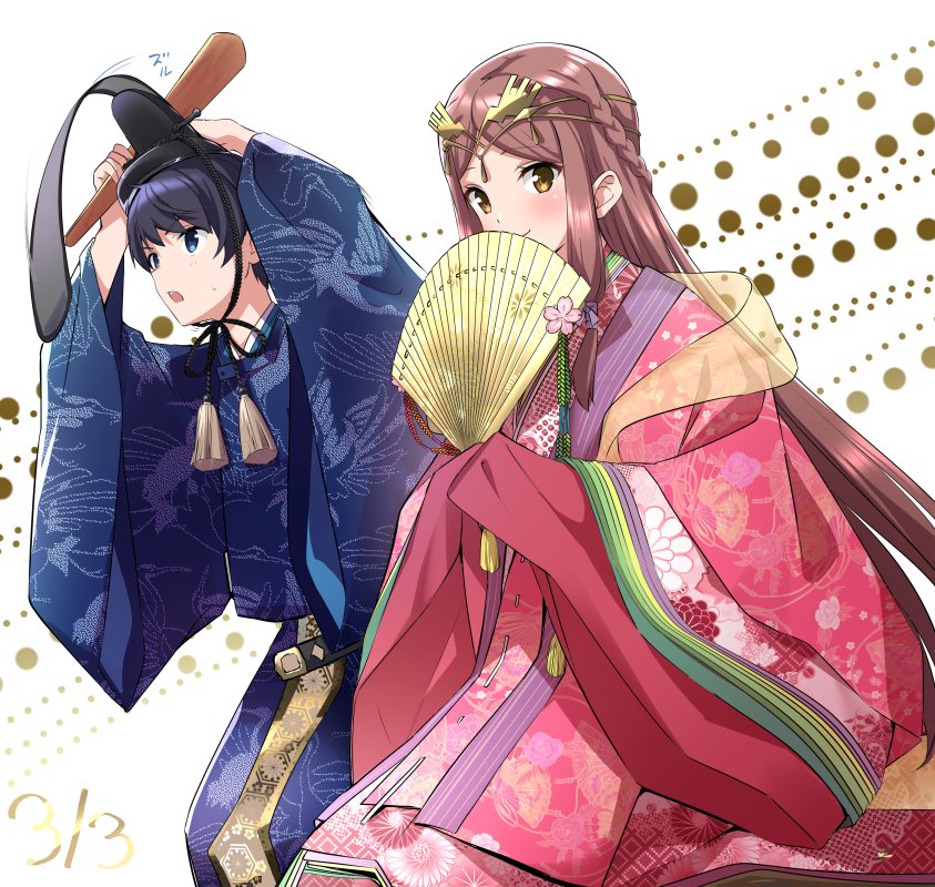 1boy 1girl bangs blush fan fan_la_norne feather_hair floral_print gloves hair_between_eyes hair_ornament hair_ribbon hakama hugo_el_superbia japanese_clothes kimono long_hair long_sleeves looking_at_viewer niameresp nintendo obi ribbon sash short_hair simple_background smile uchikake wide_sleeves xenoblade_(series) xenoblade_2 xenoblade_2:_ogon_no_kuri_ira yellow_eyes yukata