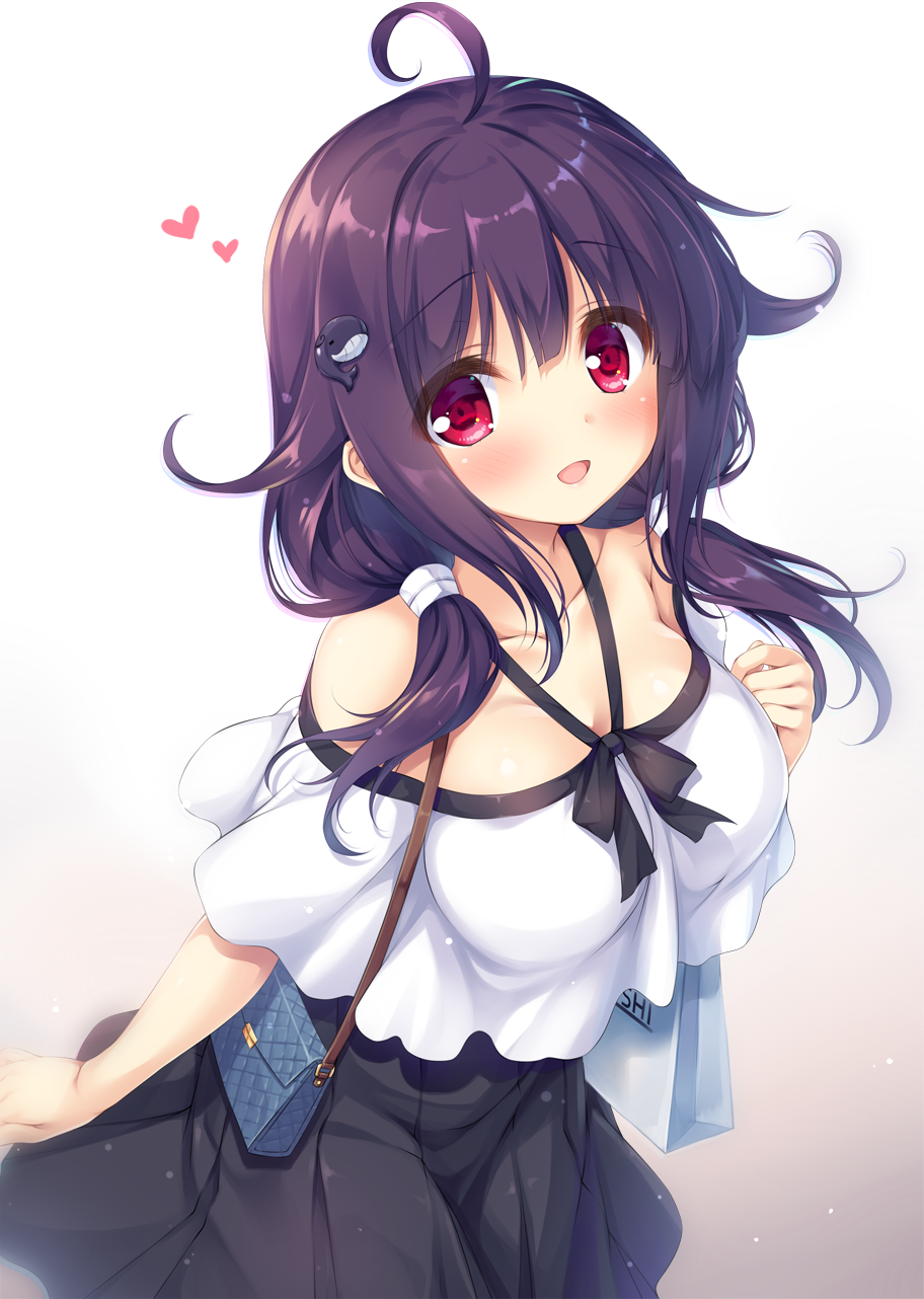 1girl :d ahoge bag bangs black_ribbon blush breasts casual collaboration collarbone commentary_request eyebrows_visible_through_hair hair_between_eyes hair_flaps hair_ornament hair_ribbon halterneck heart highres holding kantai_collection large_breasts long_hair looking_at_viewer low_twintails mikagami_mamizu off-shoulder_shirt off_shoulder open_mouth pleated_skirt purple_hair red_eyes ribbon semi-rimless_eyewear shirt shoulder_bag simple_background skirt smile solo spoken_heart standing taigei_(kantai_collection) tress_ribbon twintails whale whale_hair_ornament white_ribbon white_shirt