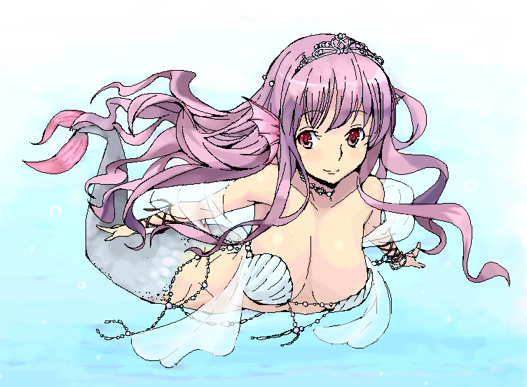 amami_amayu arm_ribbon breasts bubble cleavage head_fins jewelry large_breasts long_hair looking_at_viewer mermaid monster_collection monster_girl necklace pink_hair red_eyes ribbon seashell shell shell_bikini smile solo swimming tiara underwater
