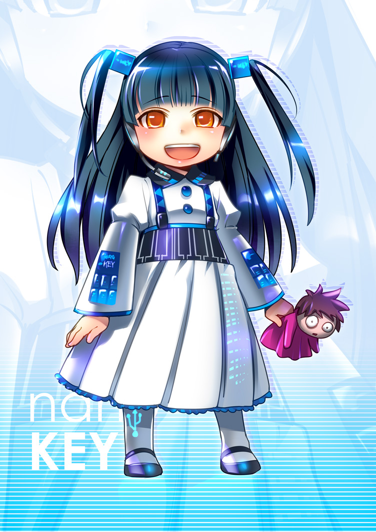 blush brown_eyes caffein child doll grey_hair laughing nano_key solo twintails vocaloid