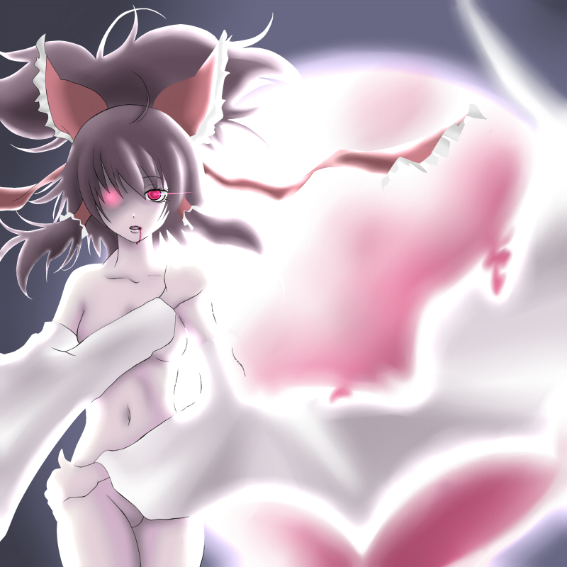ao_usagi bad_id bad_pixiv_id blood bow covering detached_sleeves full_moon hair_bow hakurei_reimu moon navel nude red_eyes red_moon solo touhou