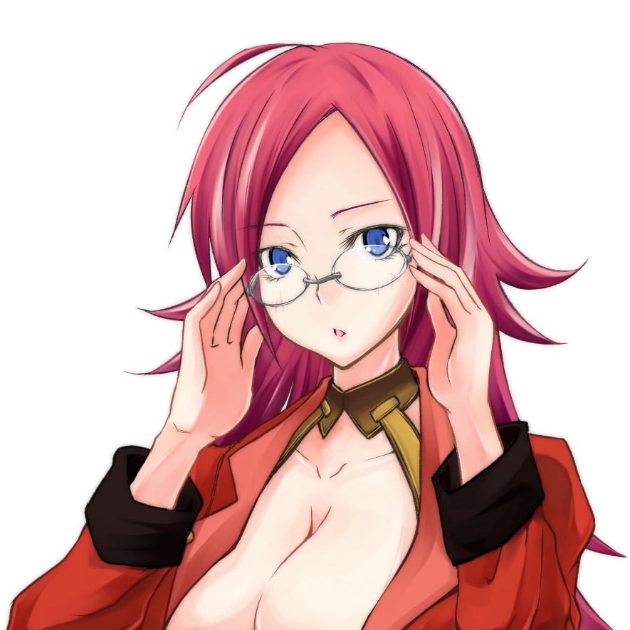 :o adjusting_eyewear blue_eyes breasts cleavage fate/extra fate_(series) francis_drake_(fate) glasses long_hair looking_at_viewer medium_breasts open_mouth red_hair simple_background solo upper_body white_background zanku