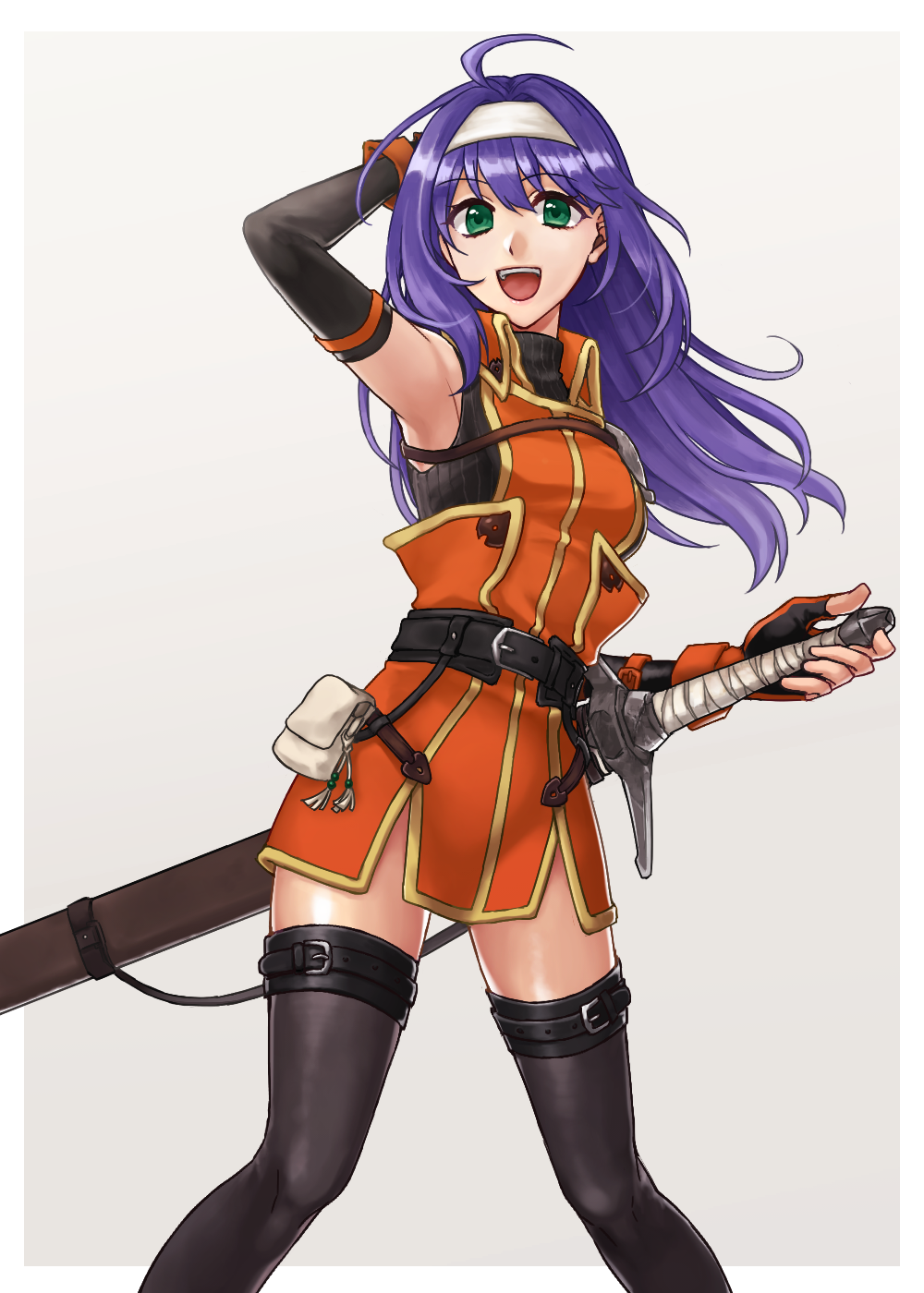 1girl arm_up belt black_legwear blue_hair elbow_gloves fingerless_gloves fire_emblem fire_emblem:_souen_no_kiseki gloves green_eyes grey_background hairband hazuki_(nyorosuke) highres long_hair nintendo open_mouth scabbard sheath sheathed simple_background sleeveless solo sword thighhighs wayu_(fire_emblem) weapon white_hairband