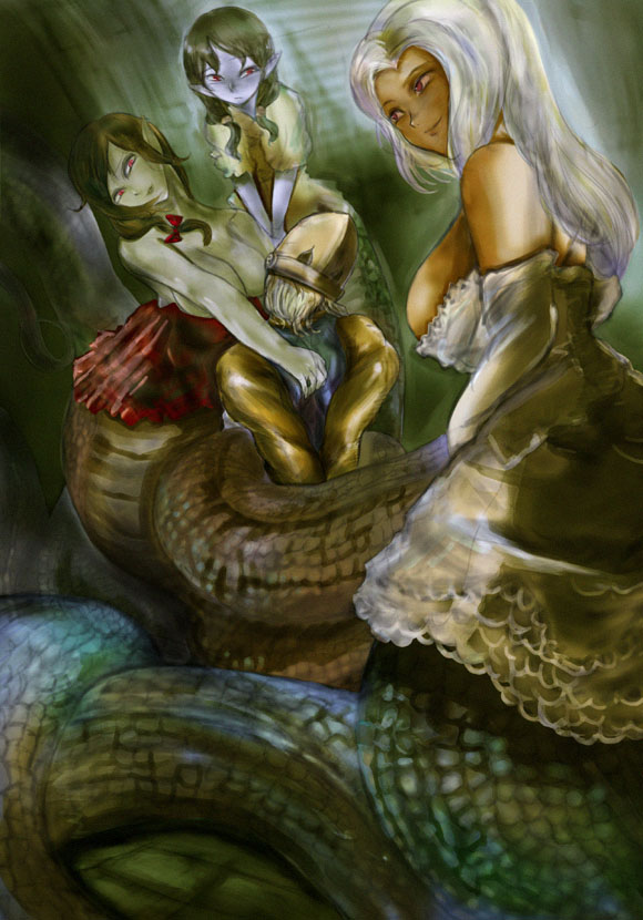 3_on_1 3girls artist_request blue_skin breasts captured cleavage coiled dark_skin forest green_skin lamia monster_girl multiple_girls naga nature pointy_ears red_eyes shy sideboob smile white_hair