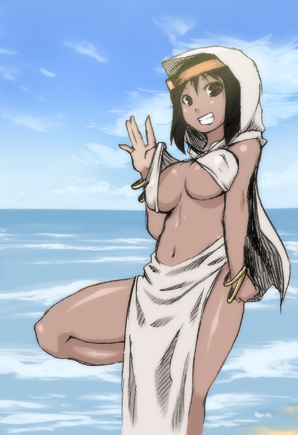 bad_id bad_pixiv_id beach black_eyes black_hair bracelet breasts cape cloud dark_skin day final_fantasy final_fantasy_tactics grin hood jewelry large_breasts leg_lift ocean outdoors rapha_galthena sketch sky smile solo tsukudani_(coke-buta) underboob water