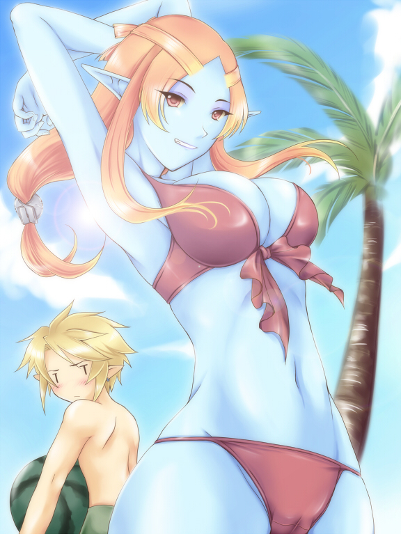 1girl armpits arms_behind_head arms_up bikini blue_skin breasts cameltoe cleavage day eyeshadow food front-tie_top fruit large_breasts link long_hair makeup microspace midna midna_(true) navel orange_hair palm_tree pointy_ears red_eyes smile solo_focus spoilers swimsuit the_legend_of_zelda the_legend_of_zelda:_twilight_princess tree watermelon