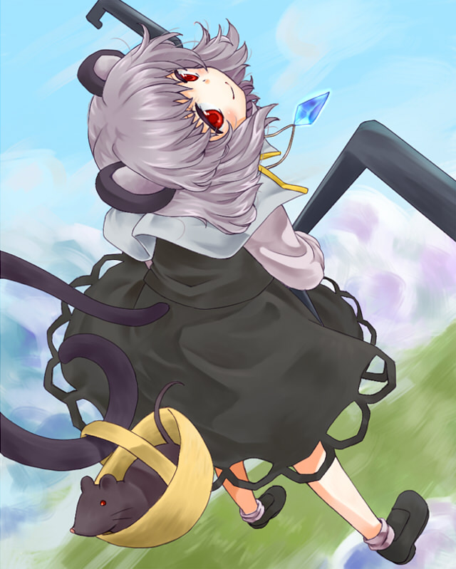 animal_ears bad_id bad_pixiv_id basket blush capelet day dowsing_rod grey_hair jewelry looking_back midair mouse mouse_ears mouse_tail nazrin pendant red_eyes short_hair sky smile solo tail touhou tsuguha