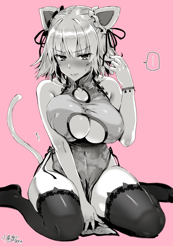 1girl animal_ears bare_shoulders black_legwear blush breasts cat_ears cat_tail china_dress chinese_clothes cleavage cleavage_cutout commentary_request dress erect_nipples fake_animal_ears fate/grand_order fate_(series) hair_ribbon jeanne_d'arc_(alter)_(fate) jeanne_d'arc_(fate)_(all) kojima_saya large_breasts monochrome no_panties pelvic_curtain ribbon seiza short_hair sitting tail thighhighs