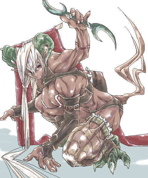 artist_request breasts brown_eyes claws cleavage dark_skin horns monster_girl mov multi_arm multi_limb muscle smile tail weapon white_hair