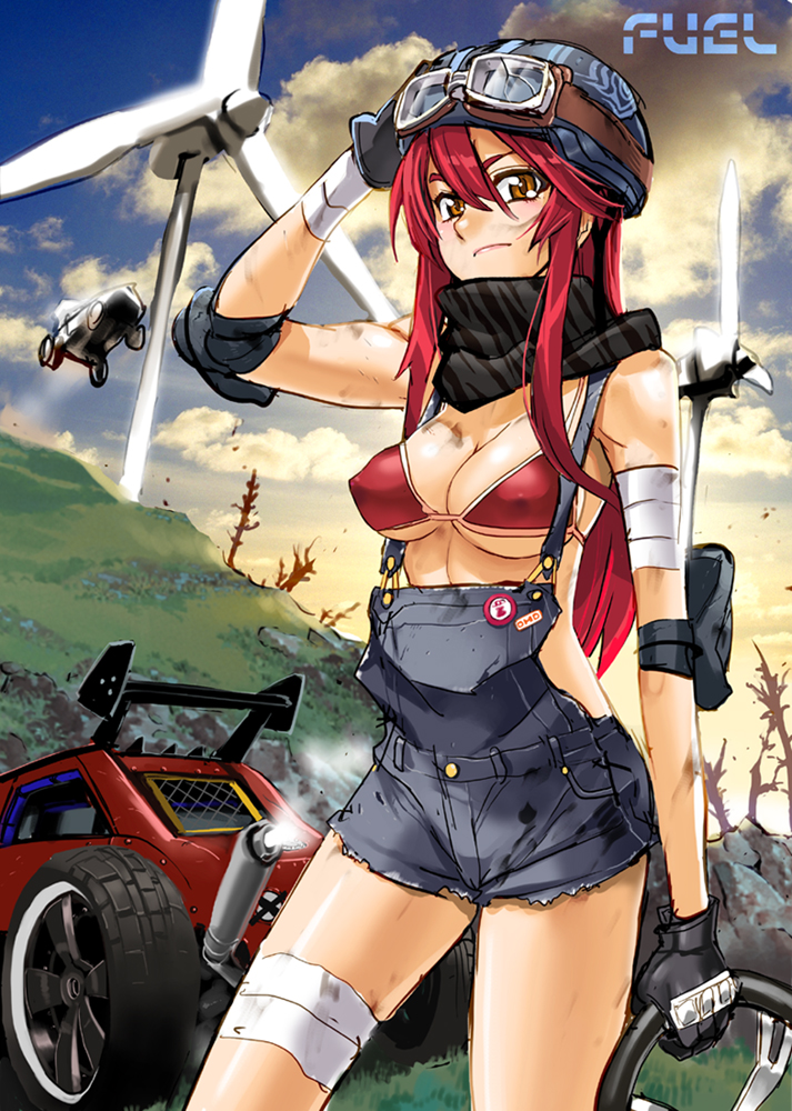 bandages bikini_top breasts car cleavage copyright_request elbow_pads gloves goggles goggles_on_head ground_vehicle helmet large_breasts long_hair motor_vehicle overalls red_hair satou_shouji scarf solo wind_turbine windmill
