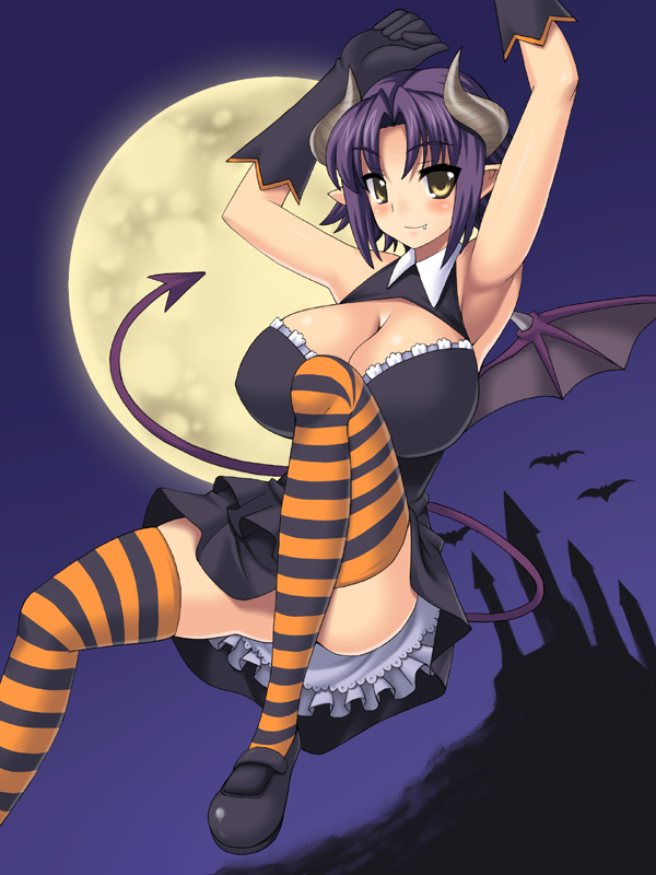 armpits arms_up bad_id bad_pixiv_id bare_shoulders bat blush breasts castle cleavage covered_nipples demon_girl demon_tail demon_wings dress fang frilled_dress frills full_moon gloves horns huge_breasts moon naru_(kuma) night night_sky nipples original pointy_ears purple_hair shoes short_dress short_hair sky smile solo tail thighhighs upskirt wings yellow_eyes