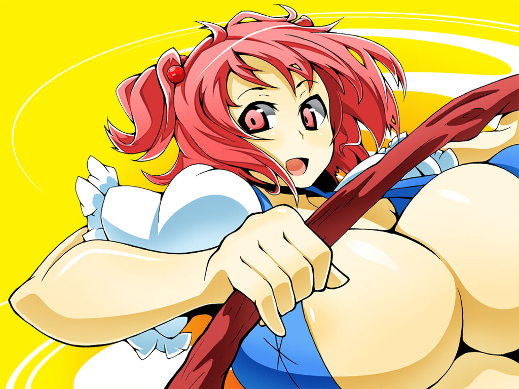breasts cleavage huge_breasts onozuka_komachi open_mouth red_eyes red_hair solo toudori touhou upper_body yellow_background
