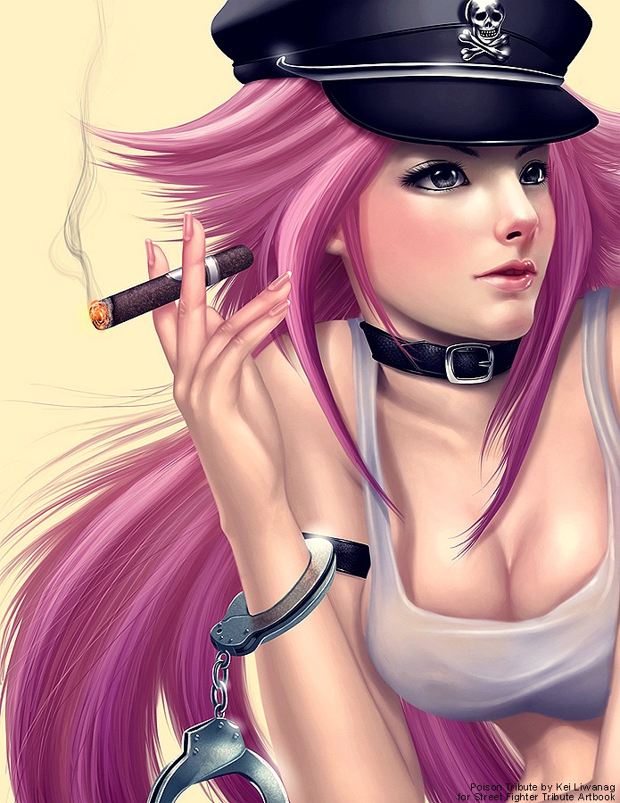 breasts choker cigar cleavage collar cuffs final_fight fingernails grey_eyes handcuffs hat kei03 large_breasts lips lipstick long_hair makeup nail_polish peaked_cap pink_hair pink_nails poison_(final_fight) realistic skull_and_crossbones smoking solo source_request watermark