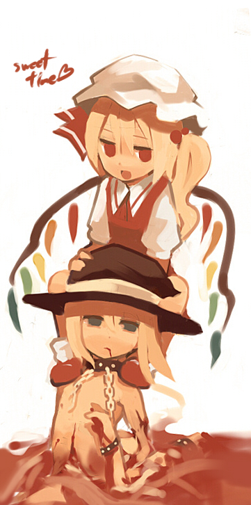 bad_id bad_pixiv_id blonde_hair blood collar empty_eyes english flandre_scarlet fuukadia_(narcolepsy) guro hat kirisame_marisa long_hair multiple_girls red_eyes ribbon side_ponytail topless touhou wings witch_hat