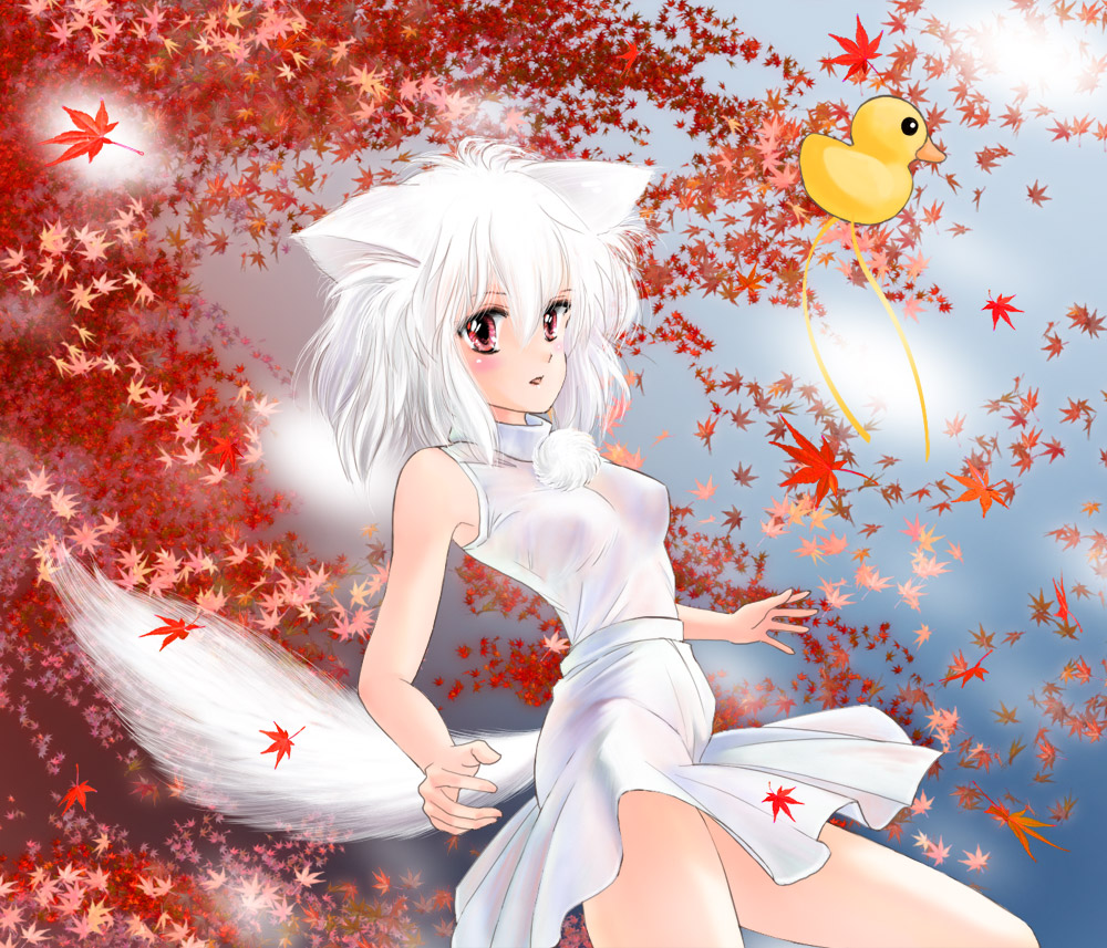 animal_ears autumn inubashiri_momiji leaf red_eyes solo suika_m tail touhou white_hair wolf_ears wolf_tail