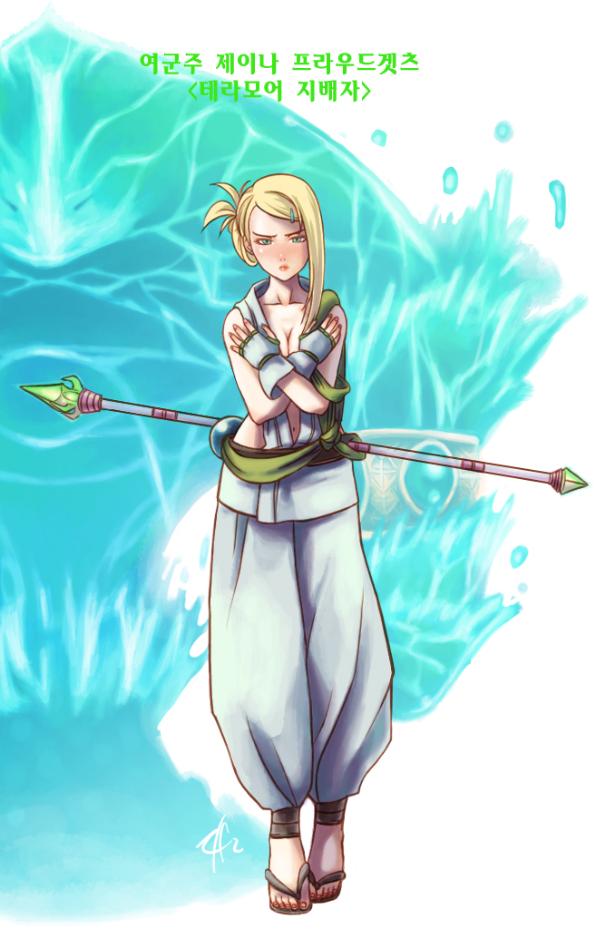 blonde_hair blue_eyes blush breasts cleavage cosplay crossed_arms frown gloves hair_ornament hairclip jaina_proudmoore japanese_clothes kazama_sougetsu kazama_sougetsu_(cosplay) long_hair monster navel ponytail samurai_spirits sandals staff warcraft water world_of_warcraft