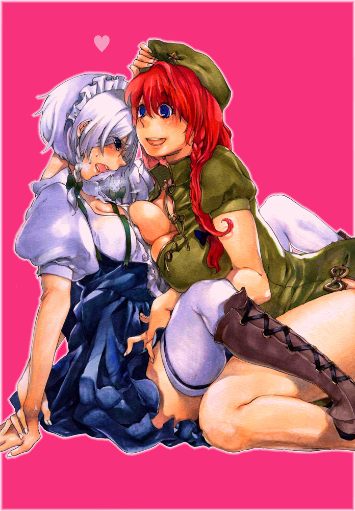 :d arm_support bad_id bad_pixiv_id beret blue_dress blue_eyes blush boots bow braid breast_press breasts china_dress chinese_clothes cleavage cross-laced_footwear dress green_dress hair_bow hairband hand_on_head hat hong_meiling izayoi_sakuya knee_boots kneeling lace-up_boots large_breasts long_hair maid maid_headdress multiple_girls open_clothes open_mouth open_shirt pink_background puffy_sleeves red_hair shirt short_hair side_slit silver_hair simple_background sitting smile spread_legs star thighhighs touhou traditional_media tsubasa_(artist) twin_braids white_legwear yuri