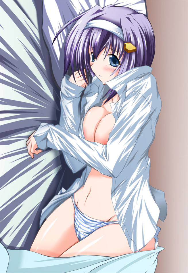 bed_sheet blue_eyes blush breasts cleavage exelica hairband large_breasts nanairo_souga navel open_clothes open_shirt panties purple_hair shirt short_hair solo striped striped_panties trigger_heart_exelica underwear white_shirt