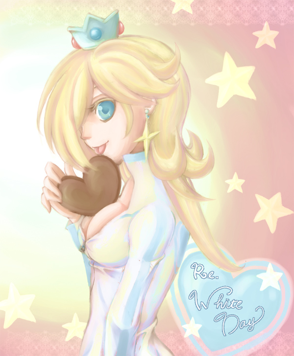 1girl alternate_costume blue_eyes breasts chiko_(mario) chocolate chocolate_heart cleavage crown earrings english hair_over_one_eye heart jewelry luma mario_(series) nintendo open_breasts princess_rosalina rosalina_(mario) rosetta_(mario) super_mario_bros. super_mario_galaxy valentine white_day