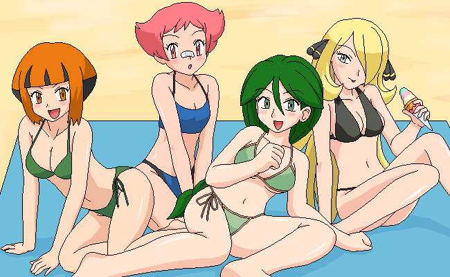 4girls bandage bandages barefoot beach bikini blush breasts cleavage food gym_leader hair_over_one_eye ice_cream kuro_hopper kusakabe330 momi_(pokemon) multiple_girls natane_(pokemon) oekaki pokemon pokemon_(game) pokemon_dppt shirona_(pokemon) sumomo_(pokemon) swimsuit