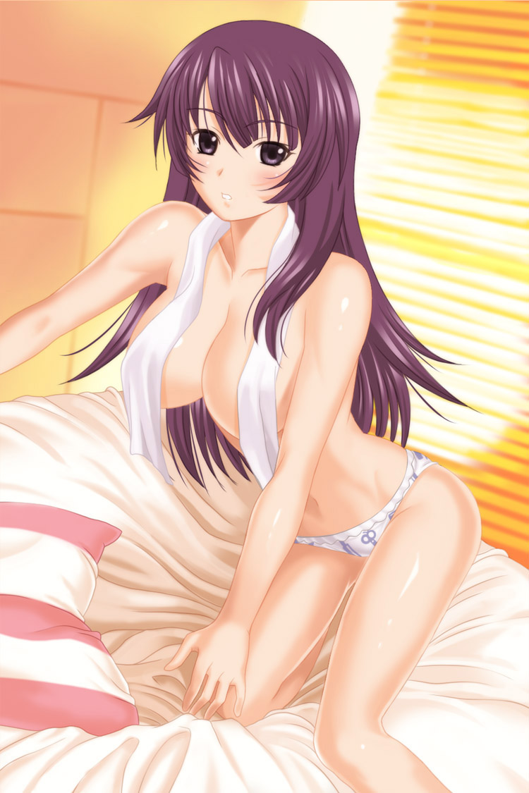 bakemonogatari bed long_hair monogatari_(series) panties pillow purple_hair senjougahara_hitagi solo tonbidou topless towel underwear underwear_only