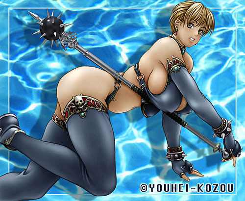 1girl armor artist_name bb bikini bikini_armor breasts earrings elbow_gloves fingerless_gloves gloves huge_breasts jewelry large_breasts looking_at_viewer lowres mace phaia revealing_clothes short_hair sideboob skull_and_crossed_swords solo spunky_knight swimsuit thighhighs weapon youhei_kozou