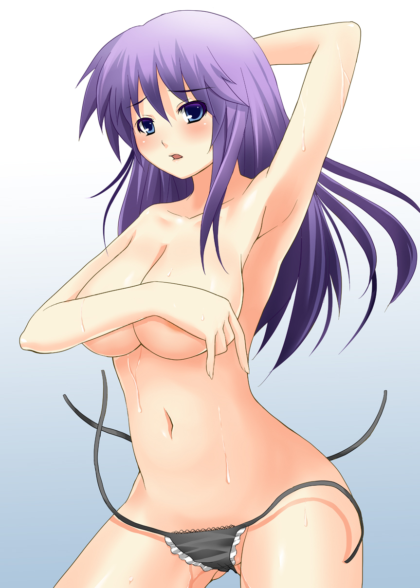 armpits bad_id bad_pixiv_id blue_eyes breast_hold breasts covering highres original purple_hair rick.black solo topless untied wardrobe_malfunction