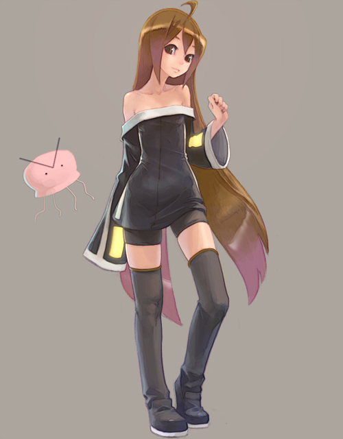 ahoge bare_shoulders boots brown_eyes brown_hair detached_sleeves hands legs long_hair original simple_background solo thigh_boots thighhighs very_long_hair weno