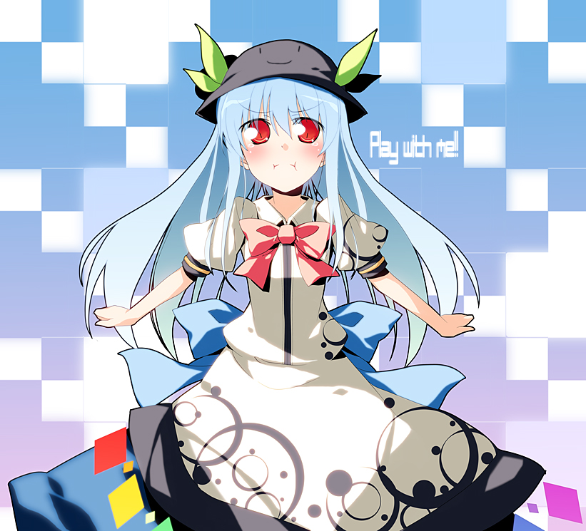 angry blue_hair blush english hat hinanawi_tenshi long_hair nu_(plastic_eraser) pout red_eyes solo tears touhou