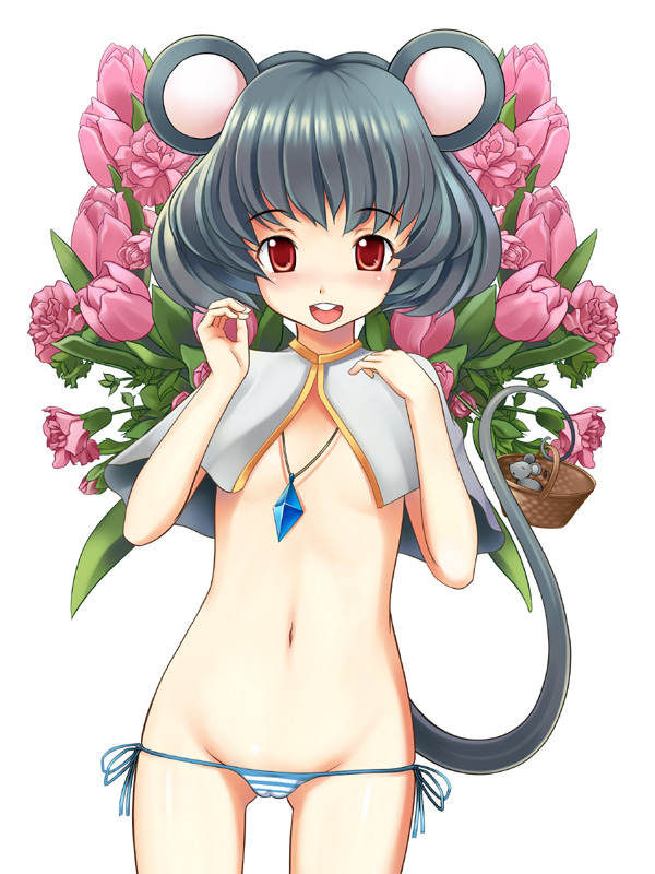 animal_ears basket buck_teeth cameltoe capelet flat_chest flower grey_hair jewelry midriff mouse mouse_ears mouse_tail nazrin oogami_yuuki panties pendant red_eyes short_hair side-tie_panties solo tail touhou underwear