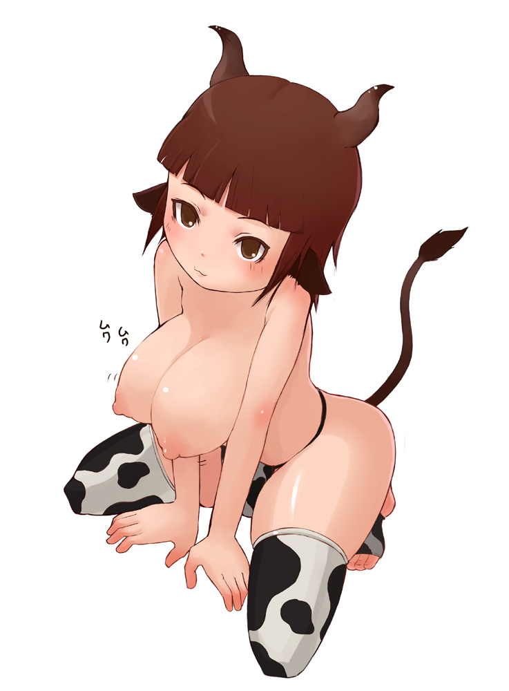 :3 animal_ears animal_print breasts brown_eyes brown_hair cow_ears cow_girl cow_print cow_tail horns large_breasts mousoucata nipples original puffy_nipples short_hair solo tail thighhighs topless