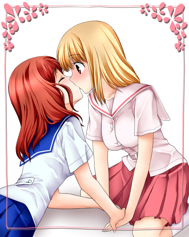 467_(artist) bad_id bad_pixiv_id blush fukuji_mihoko kazekoshi_school_uniform kiss kiyosumi_school_uniform multiple_girls saki school_uniform serafuku surprised takei_hisa yuri