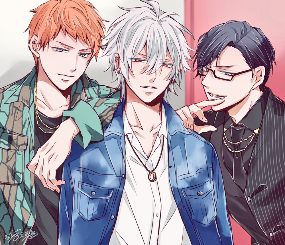 3boys aohitsugi_samatoki black_hair blue_eyes brown_hair busujima_riou_mason camouflage glasses hypnosis_mic iruma_juuto jewelry leaning_on_person multiple_boys piercing red_eyes white_hair