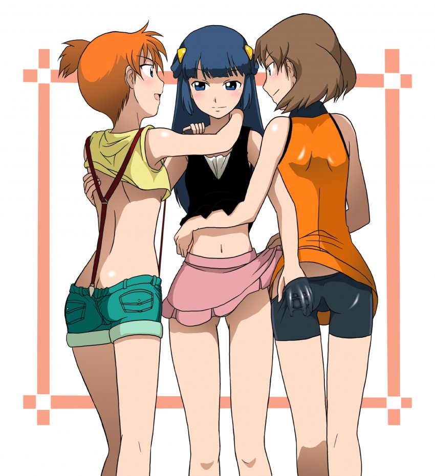 3girls blush haruka_(pokemon) hikari_(pokemon) kakkii kasumi_(pokemon) pokemon smile yuri